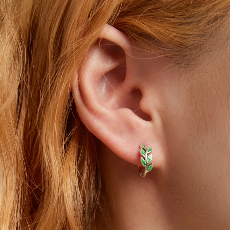 (image for) Pandora Style Green Leaves Hoop Earrings - SCE1392 - View 6