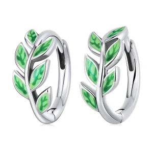 (image for) Pandora Style Green Leaves Hoop Earrings - SCE1392