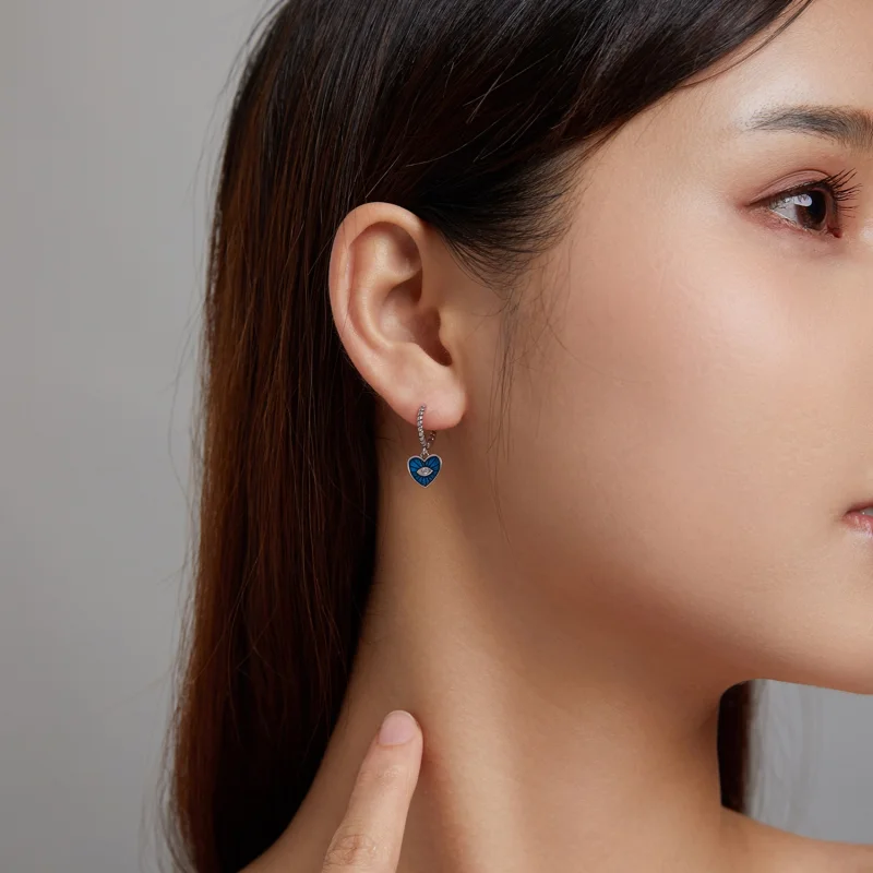 (image for) Pandora Style Heart Demon Eyes - Sapphire Blue Hoop Earrings - SCE1270-BU - View 2