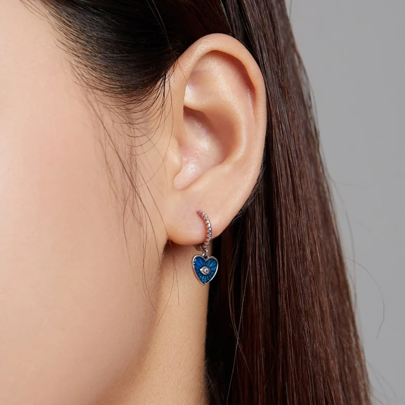 (image for) Pandora Style Heart Demon Eyes - Sapphire Blue Hoop Earrings - SCE1270-BU - View 4