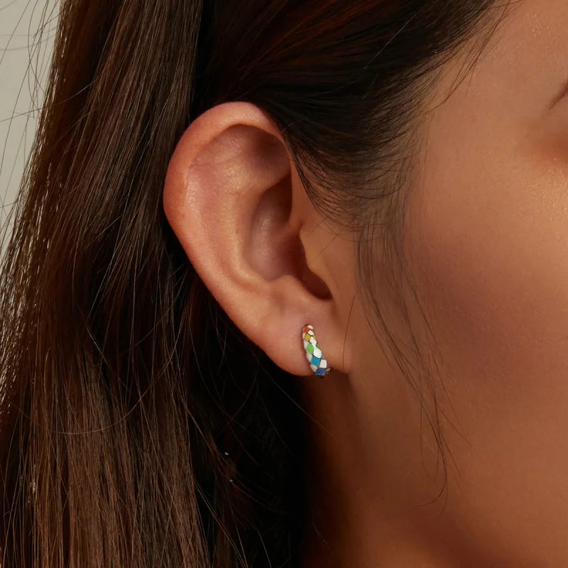 (image for) Pandora Style Rainbow Checkerboard Hoop Earrings - SCE1351 - View 3