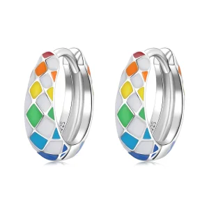 (image for) Pandora Style Rainbow Checkerboard Hoop Earrings - SCE1351