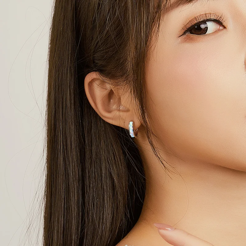 (image for) Pandora Style Simple Opal Hoop Earrings - SCE861 - View 6