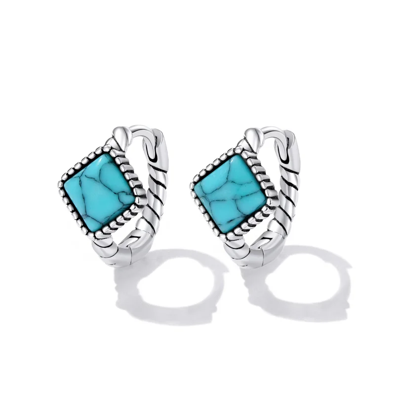 (image for) Pandora Style Square Turquoise Hoop Earrings - BSE590 - View 2