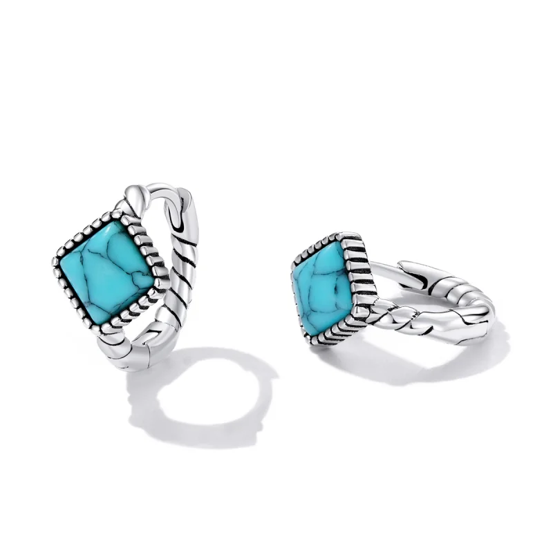 (image for) Pandora Style Square Turquoise Hoop Earrings - BSE590 - View 3