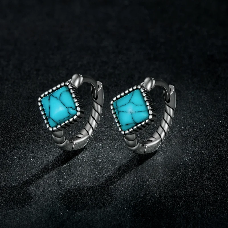 (image for) Pandora Style Square Turquoise Hoop Earrings - BSE590 - View 5