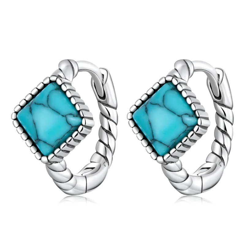 (image for) Pandora Style Square Turquoise Hoop Earrings - BSE590 - Product Image