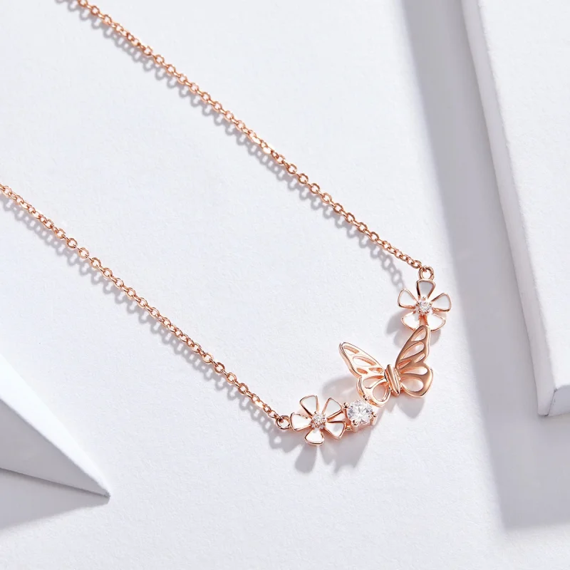 (image for) Pandora Style Rose Gold Dancing Butterfly Pendant Necklace - BSN053 - View 4