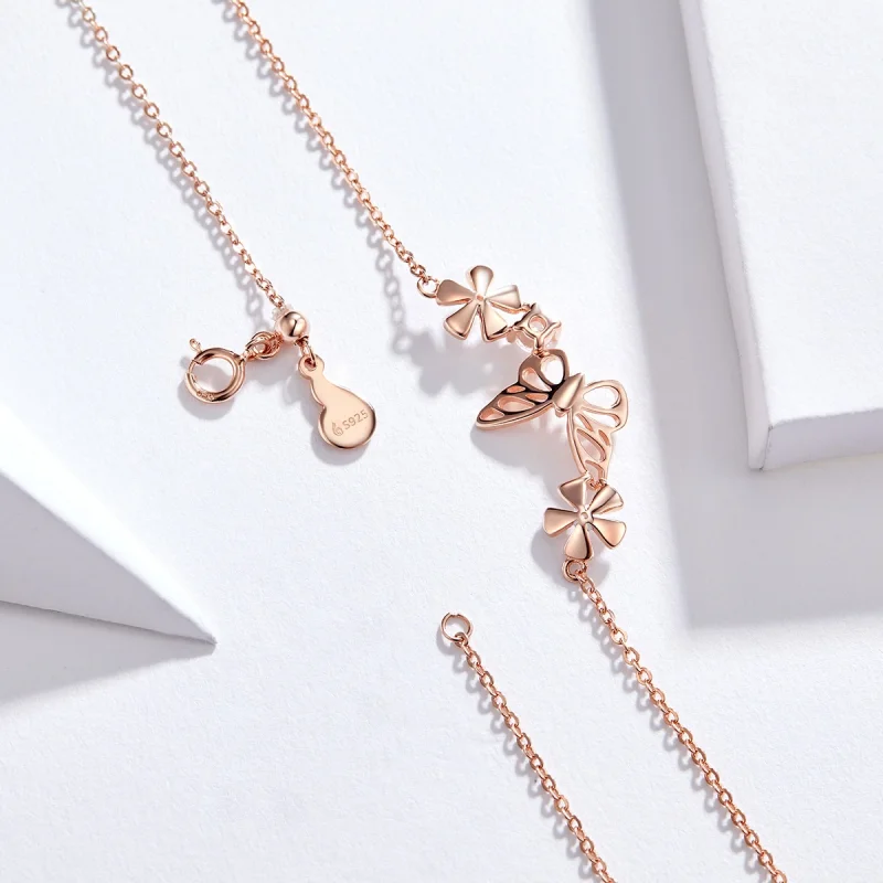 (image for) Pandora Style Rose Gold Dancing Butterfly Pendant Necklace - BSN053 - View 5