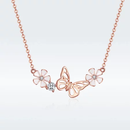 Pandora Style Rose Gold Dancing Butterfly Pendant Necklace - BSN053