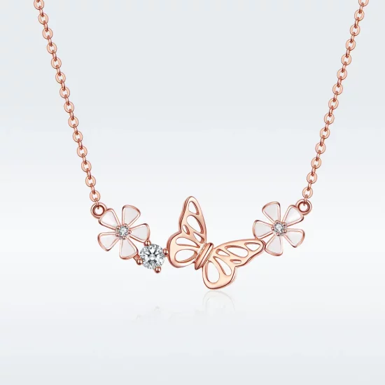 Pandora Style Rose Gold Dancing Butterfly Pendant Necklace - BSN053