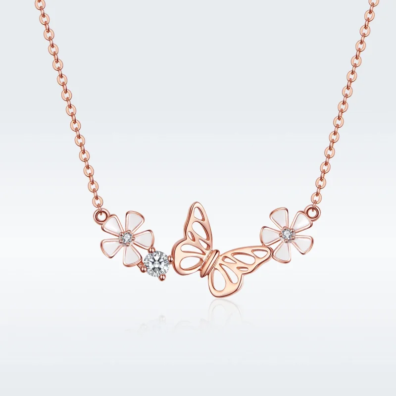 (image for) Pandora Style Rose Gold Dancing Butterfly Pendant Necklace - BSN053 - Product Image
