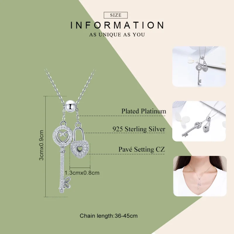 (image for) Pandora Style Silver Key of Heart Lock Necklace - SCN290 - View 3