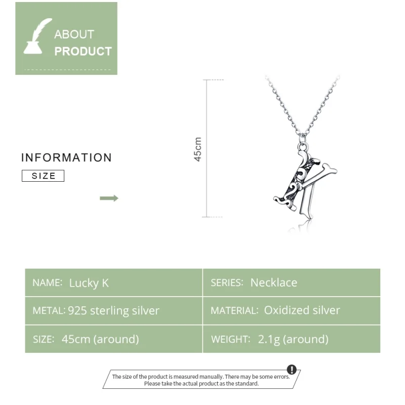 (image for) Pandora Style Silver Lucky Letter K Necklace - SCN403 - View 3
