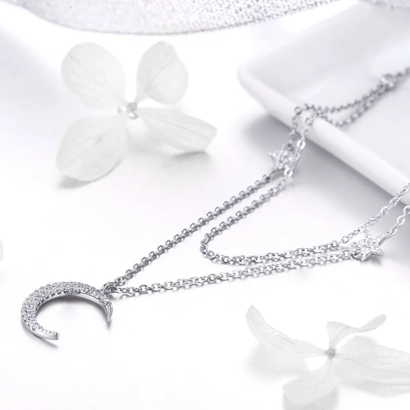 (image for) Pandora Style Silver Moon & Stars Pendant Necklace - BSN038 - View 3