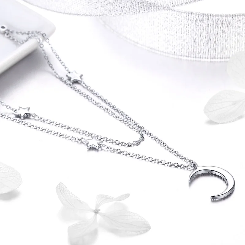 (image for) Pandora Style Silver Moon & Stars Pendant Necklace - BSN038 - View 4