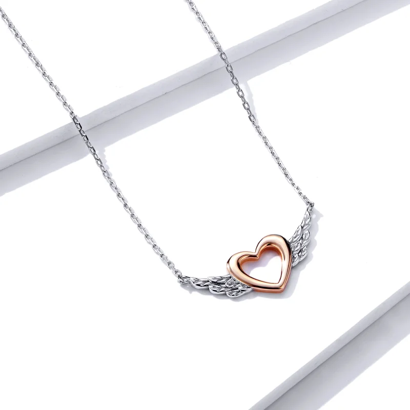 (image for) Pandora Style Two Tone Bicolor Heart Wing Pendant Necklace - BSN162 - View 3