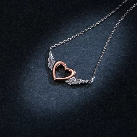 Pandora Style Two Tone Bicolor Heart Wing Pendant Necklace - BSN162