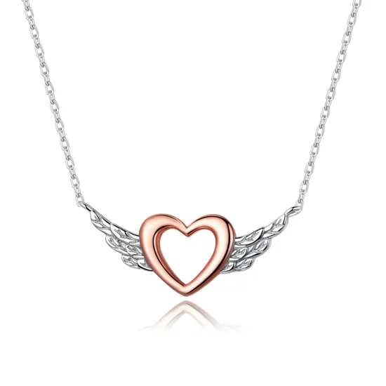 Pandora Style Two Tone Bicolor Heart Wing Pendant Necklace - BSN162