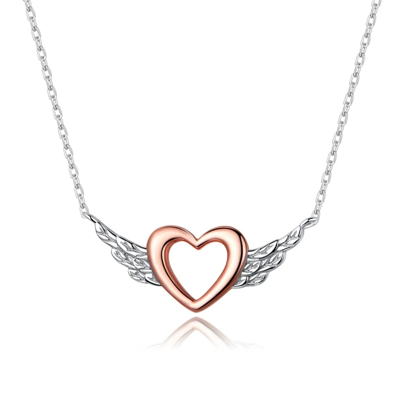 (image for) Pandora Style Two Tone Bicolor Heart Wing Pendant Necklace - BSN162 - Product Image