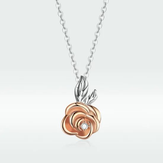 Pandora Style Two Tone Bicolor Rose Pendant Necklace - BSN155