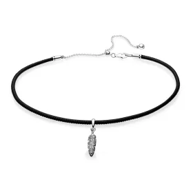 PANDORA Black Leather Choker Necklace & Feather Pendant, Clear CZ - 397197CBK PANDORA Black Leather Choker Necklace & Feather Pendant, Clear CZ - 397197CBK