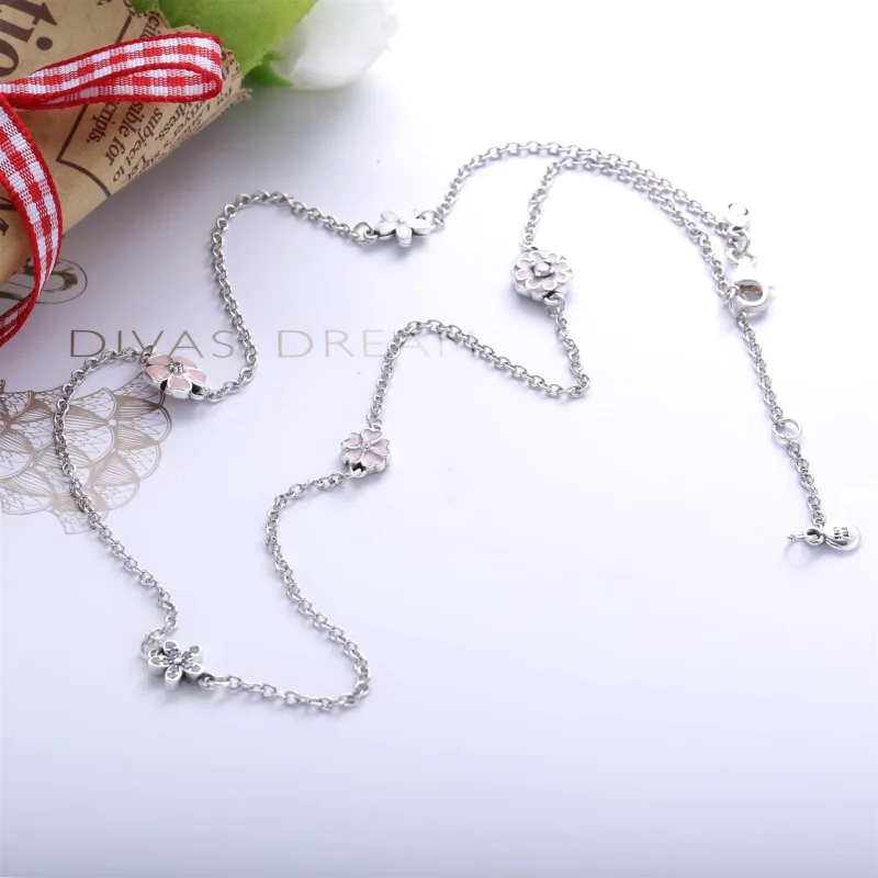 (image for) PANDORA Poetic Blooms Chain Necklace, Mixed Enamels, Clear CZ & Blush Pink Crys - View 4