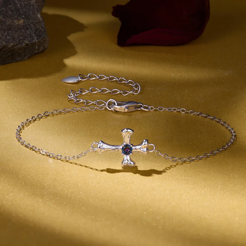 (image for) PANDORA Style Rhodium Plated Cross Bracelet With Blue Center Stone - SCB323 - View 2
