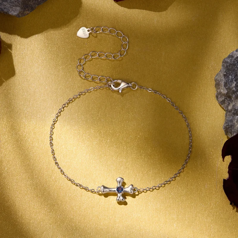 (image for) PANDORA Style Rhodium Plated Cross Bracelet With Blue Center Stone - SCB323 - View 3