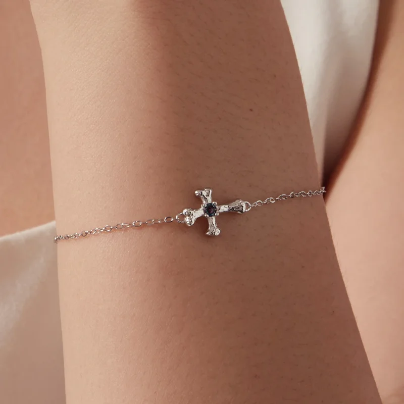 (image for) PANDORA Style Rhodium Plated Cross Bracelet With Blue Center Stone - SCB323 - View 5