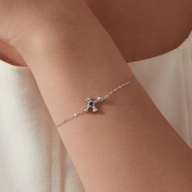 (image for) PANDORA Style Rhodium Plated Cross Bracelet With Blue Center Stone - SCB323 - View 6