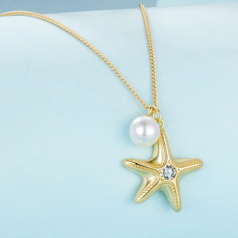 (image for) PANDORA Style Gold Plated Starfish Pearl Pendant Necklace - SCN540 - View 2