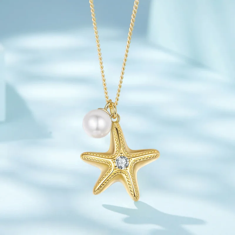 (image for) PANDORA Style Gold Plated Starfish Pearl Pendant Necklace - SCN540 - View 3