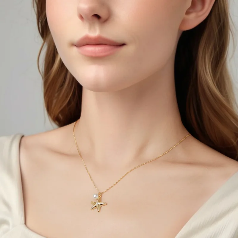 (image for) PANDORA Style Gold Plated Starfish Pearl Pendant Necklace - SCN540 - View 4