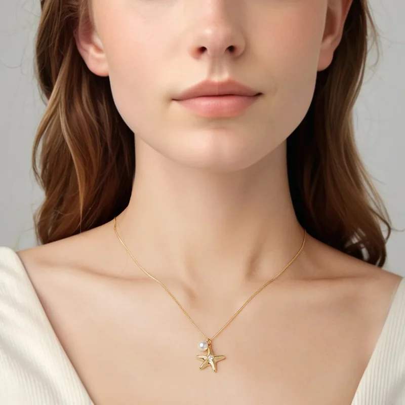 (image for) PANDORA Style Gold Plated Starfish Pearl Pendant Necklace - SCN540 - View 5