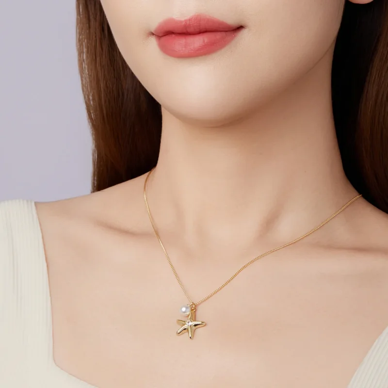 (image for) PANDORA Style Gold Plated Starfish Pearl Pendant Necklace - SCN540 - View 6