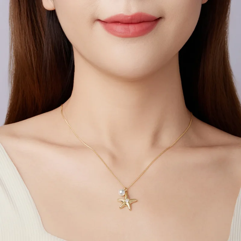 (image for) PANDORA Style Gold Plated Starfish Pearl Pendant Necklace - SCN540 - View 7