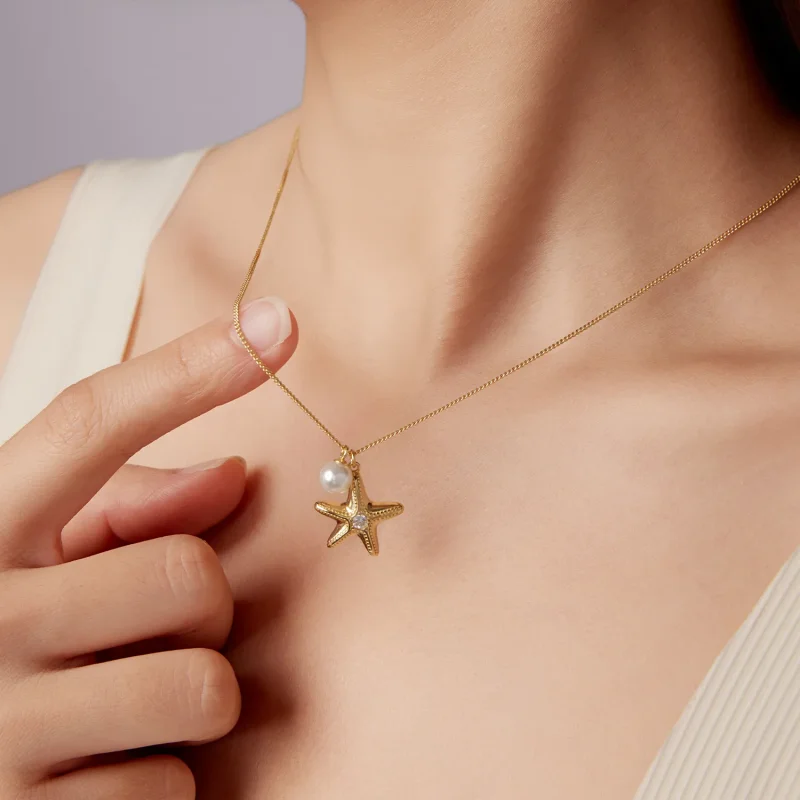 (image for) PANDORA Style Gold Plated Starfish Pearl Pendant Necklace - SCN540 - View 8