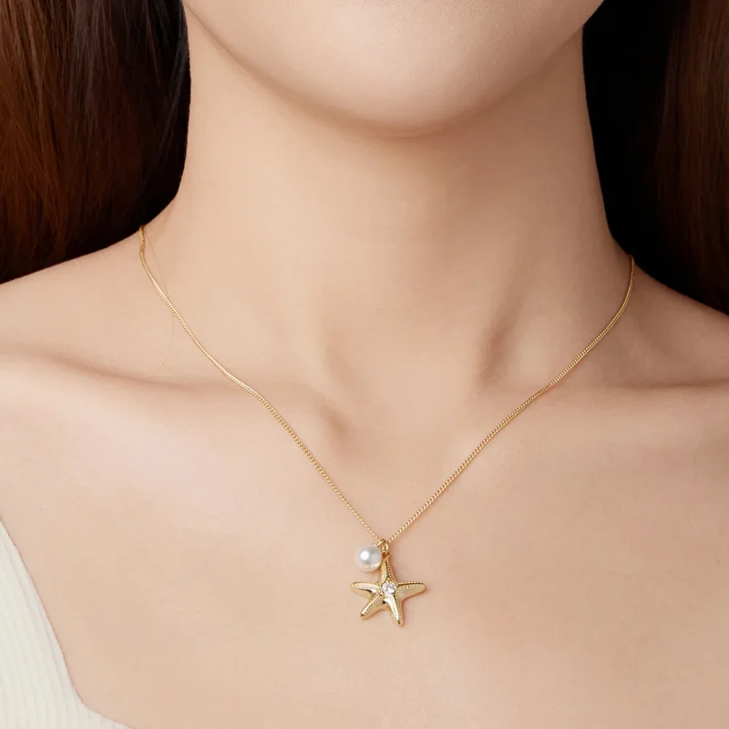 (image for) PANDORA Style Gold Plated Starfish Pearl Pendant Necklace - SCN540 - View 9