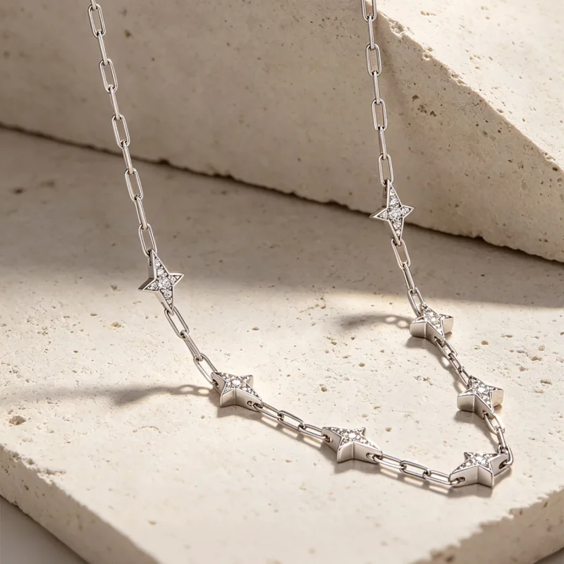 (image for) PANDORA Style Studded Star Station Paperclip Chain Necklace - YIN148 - View 2