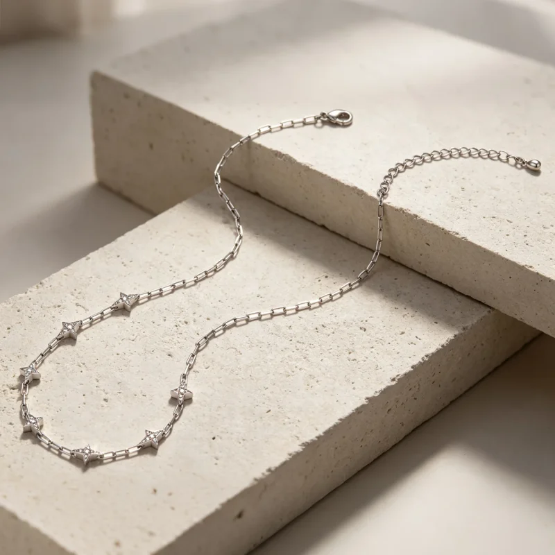 (image for) PANDORA Style Studded Star Station Paperclip Chain Necklace - YIN148 - View 3