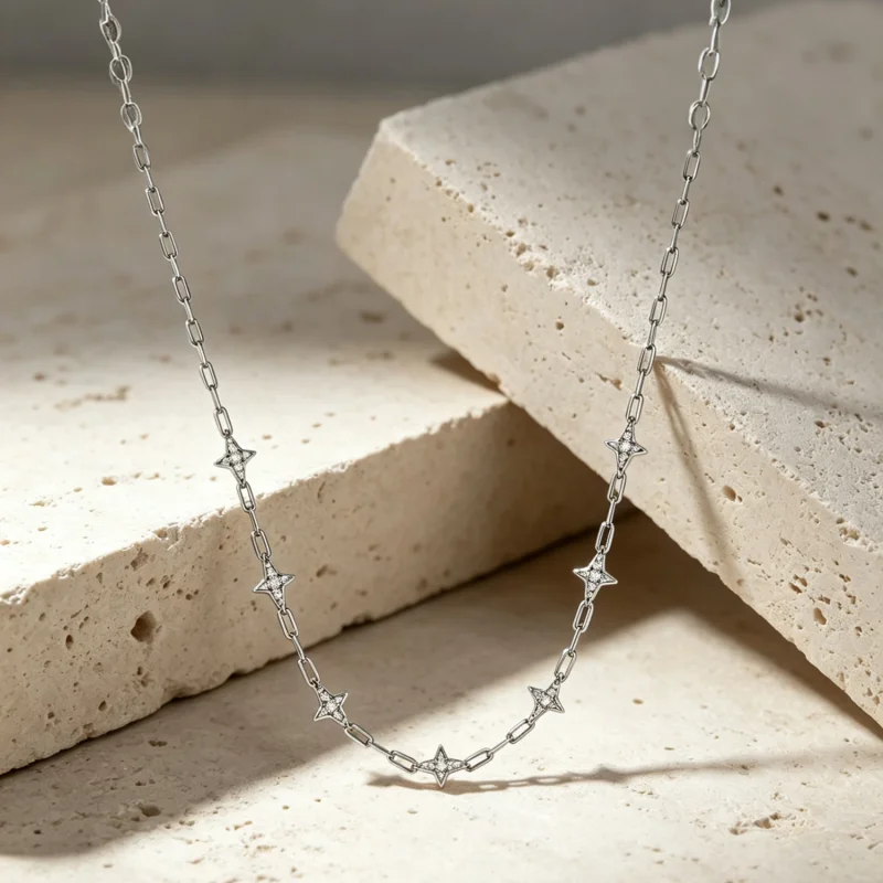 (image for) PANDORA Style Studded Star Station Paperclip Chain Necklace - YIN148 - View 4