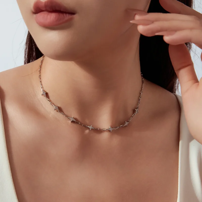 (image for) PANDORA Style Studded Star Station Paperclip Chain Necklace - YIN148 - View 5