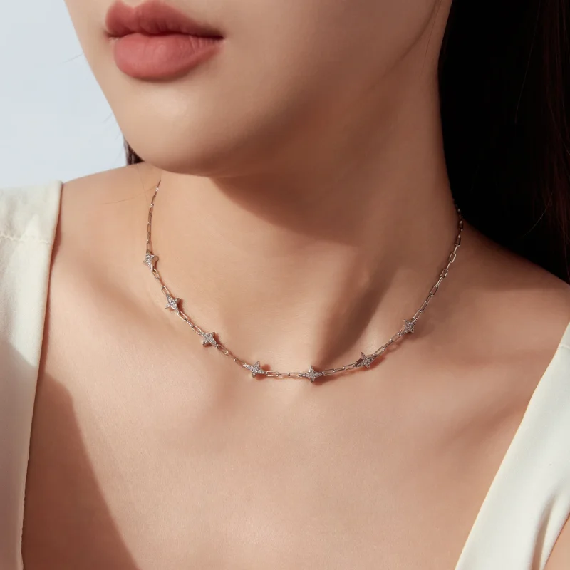 (image for) PANDORA Style Studded Star Station Paperclip Chain Necklace - YIN148 - View 7