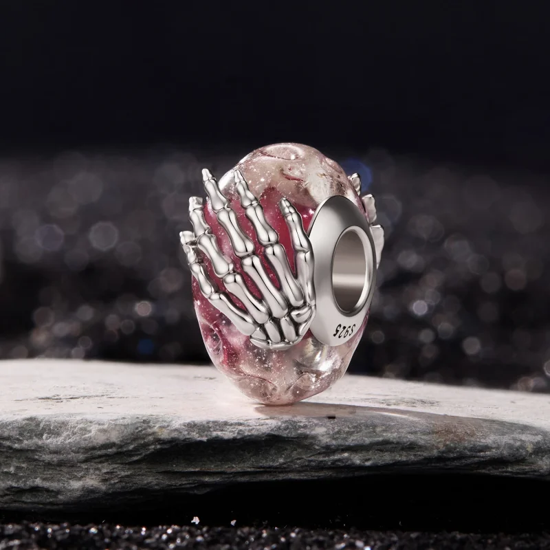 (image for) PANDORA Style Pink Murano Glass Skeleton Hand Charm - SCC3334 - View 3