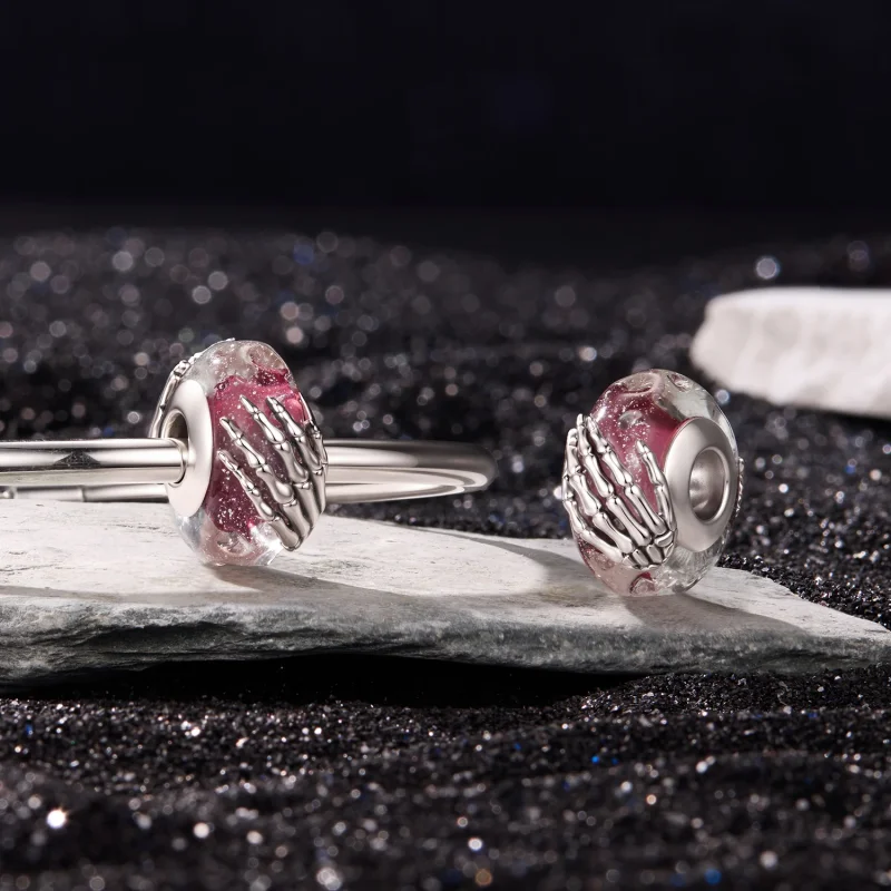 (image for) PANDORA Style Pink Murano Glass Skeleton Hand Charm - SCC3334 - View 5