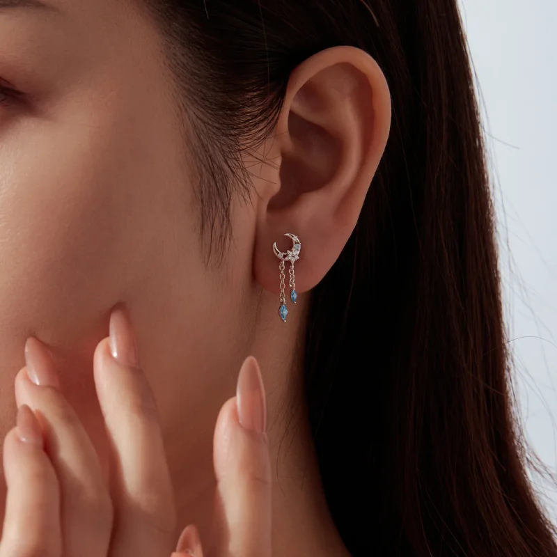 (image for) PANDORA Style Moon Star Blue Stone Threaded Drop Single Earring - SCE2062 - View 6