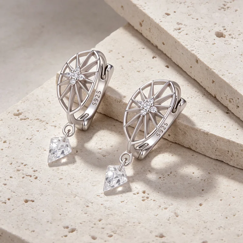 (image for) PANDORA Style Sunburst Pattern Drop Hoop Earrings With Cubic Zirconia - SCE2061 - View 2