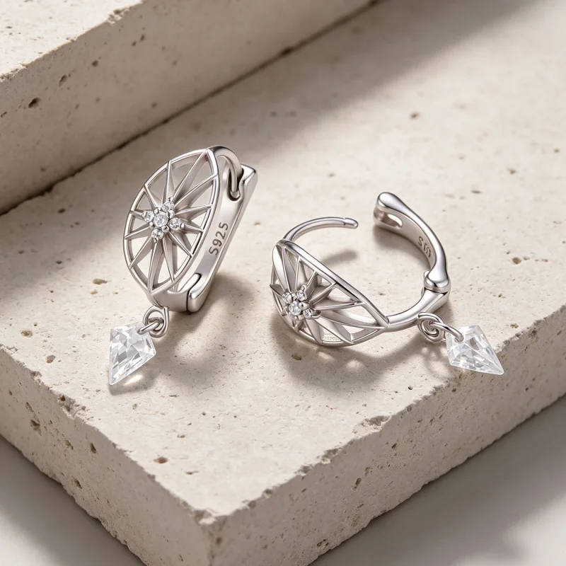 (image for) PANDORA Style Sunburst Pattern Drop Hoop Earrings With Cubic Zirconia - SCE2061 - View 3