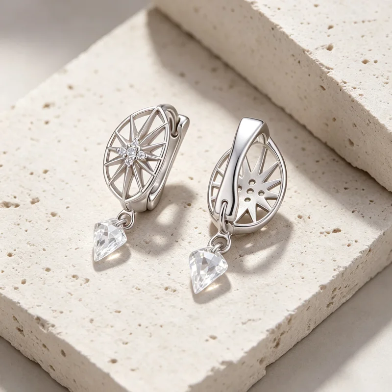 (image for) PANDORA Style Sunburst Pattern Drop Hoop Earrings With Cubic Zirconia - SCE2061 - View 4